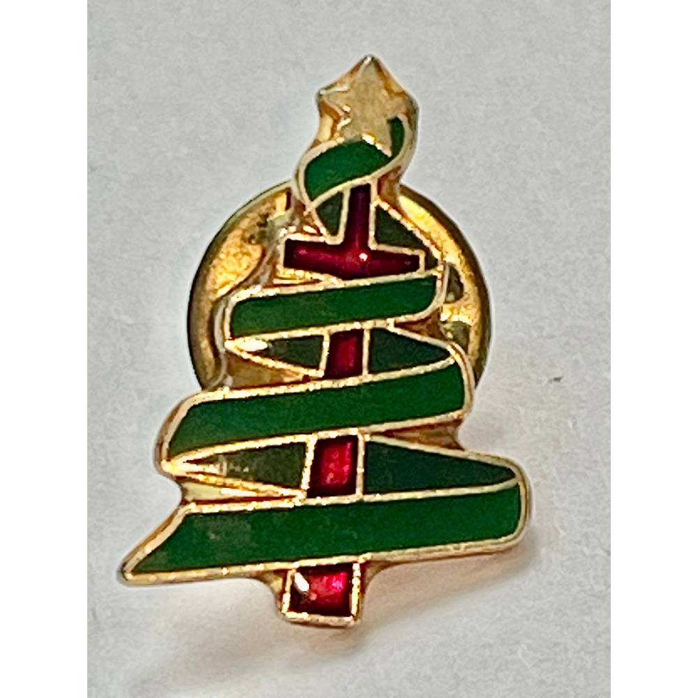 Vintage CTA Christmas‎ Tree Lapel Pin Gold Tone Green Red Enamel Holiday 00856